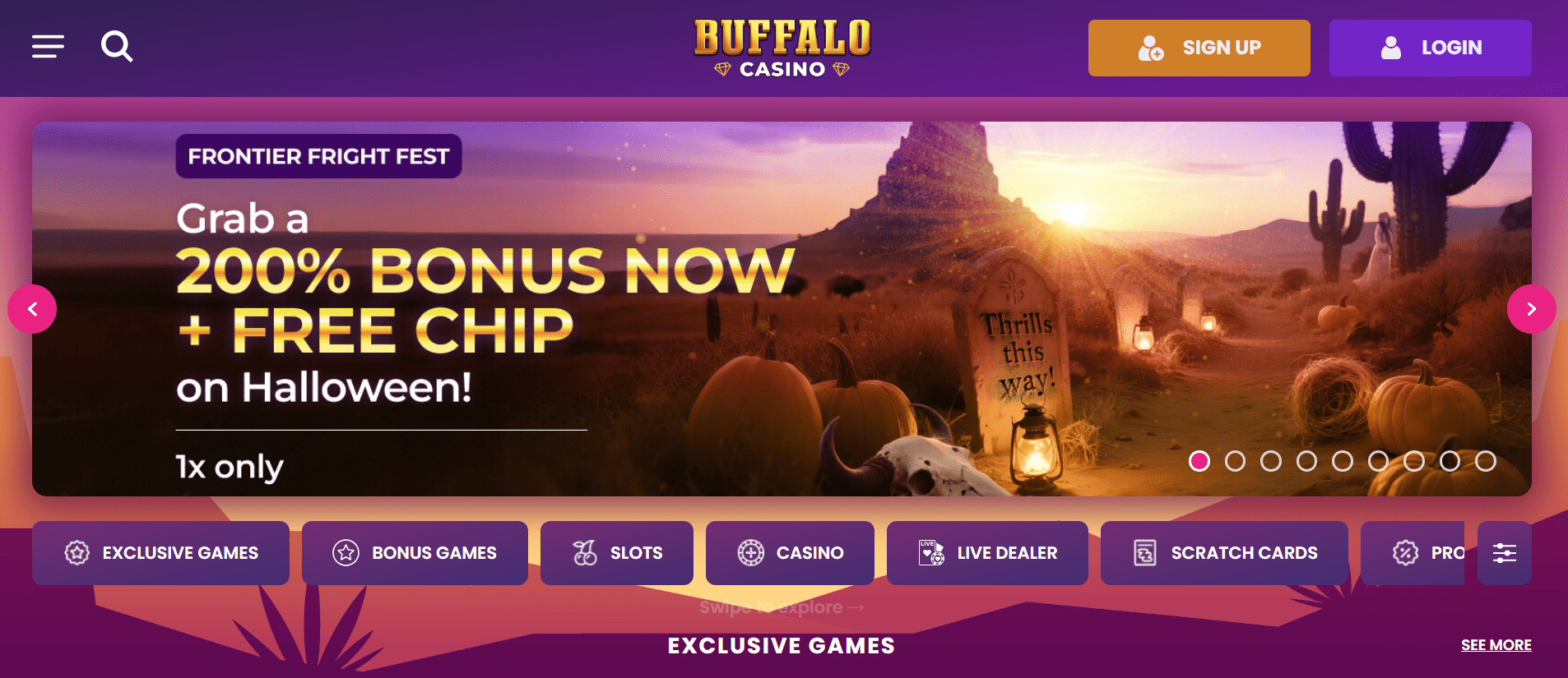 Screenshot of Buffalo Casino slots-focused platform with easy onboarding